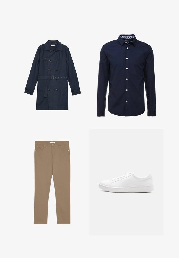 Abrigo trench de color azul marino en tejido ligero, con cierre de botones de doble pecho, cintura ceñida con cinturón y dos bolsillos laterales con detalle de solapa.; Camisa de manga larga azul marino con cuello abotonado, interior del cuello a rayas en contraste y botones blancos en el frente. Textura suave.; Pantalones de algodón elásticos color beige con un diseño de pierna recta, estilo de cinco bolsillos y acentos de herrajes metálicos. Textura suave y detalles de costura clásica.; Zapatilla blanca de cuero liso con cierre de cordones, diseño bajo y suela gruesa de caucho, vista lateral sobre un fondo liso.