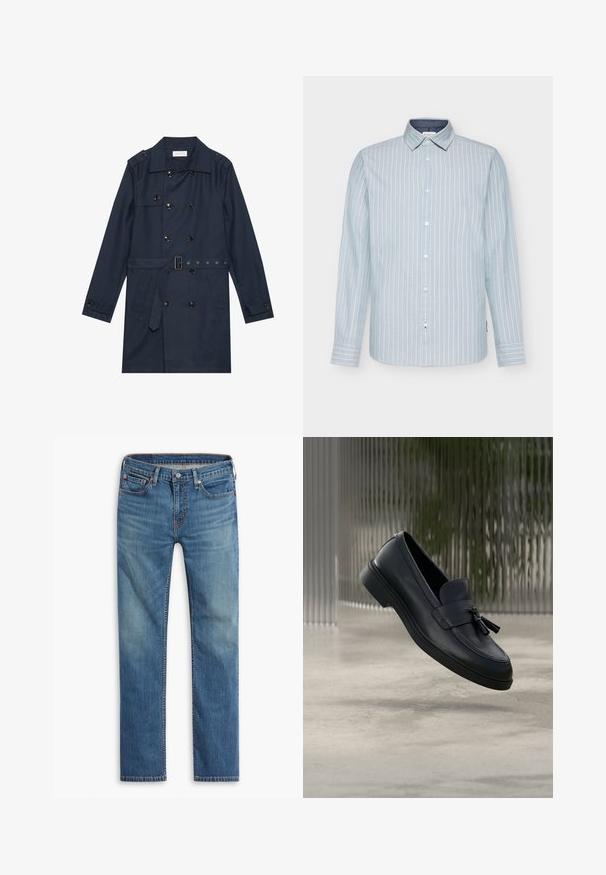 Marineblauer Trenchcoat aus leichtem Material, mit doppelter Knopfverschluss, tailliertem Gürtel und zwei seitlichen Taschen mit Klappendetail.; Hellblaues langärmliges Hemd mit weißen vertikalen Streifen, Button-Down-Kragen und kontrastierendem dunkelblauen Innenkragen. Glattes Baumwollgewebe.; Blaue gerade geschnittene Jeans mit Knopf- und Reißverschluss vorne, Fünf-Taschen-Design und dezenten Ausbleichungen an Oberschenkeln und Knien.; Schwarze Leder-Loafer mit glatter Textur, gerundeter Zehenpartie und dekorativen Quasten vorne. Flexible Gummisohle mit niedrigem Absatz.