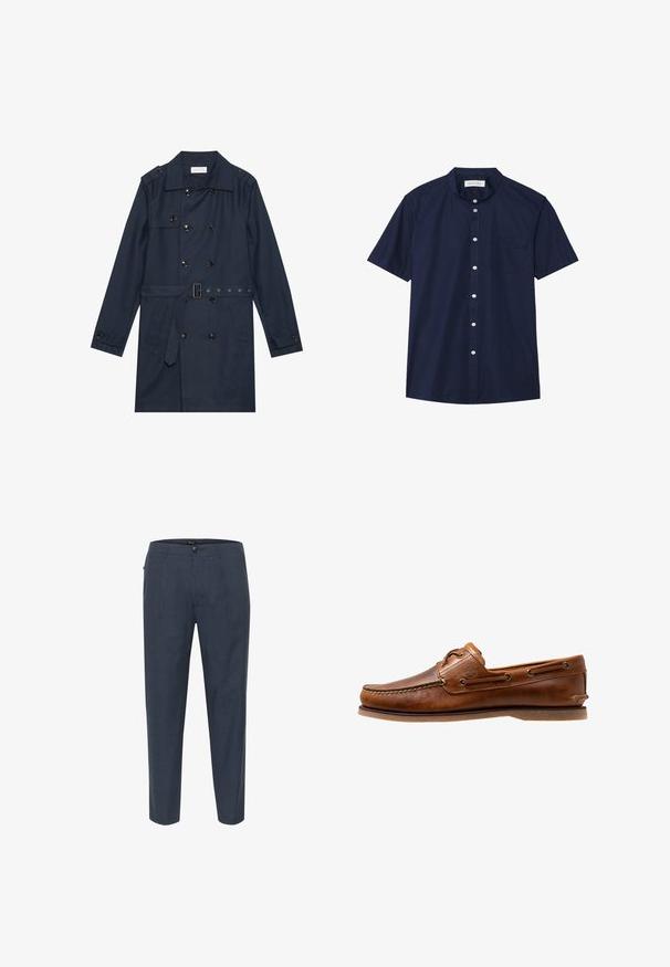 Marineblauwe trenchcoat van lichtgewicht stof, met dubbele knoopsluiting, ceintuur in de taille en twee zijzakken met flapdetail.; Korte mouwen, marineblauwe overhemd met knopen en een rechtopstaande kraag, één borstzak en een soepele stofstructuur. Witte knopen zorgen voor contrast.; Donkerblauwe tapse herenbroeken met knoopsluiting, riemlussen en zijzakken, gepresenteerd op een witte achtergrond.; Brown leren botenschoen met gestikte accenten, voorzien van metalen oogjes, een verhoogde naad op de neus en een platte rubberen zool.