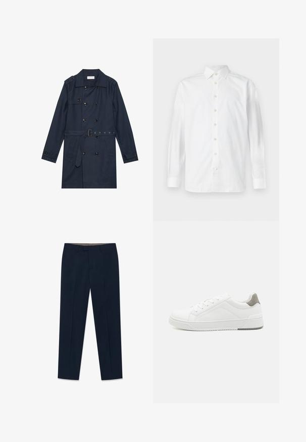 Manteau trench navy en tissu léger, présentant une fermeture à glissière double bouton, une taille ceinturée et deux poches latérales avec détail rabattu.; Chemise blanche à manches longues avec boutons, col à l'italienne et poignets boutonnés, présentée sur un fond blanc uni.; Pantalon de costume bleu marine en tissu lisse, doté d'une taille plate, de passants pour ceinture et de jambes droites à coupe ajustée.; Basket blanche en cuir lisse, à bout arrondi, design minimaliste, accent de talon gris et semelle en caoutchouc texturé.