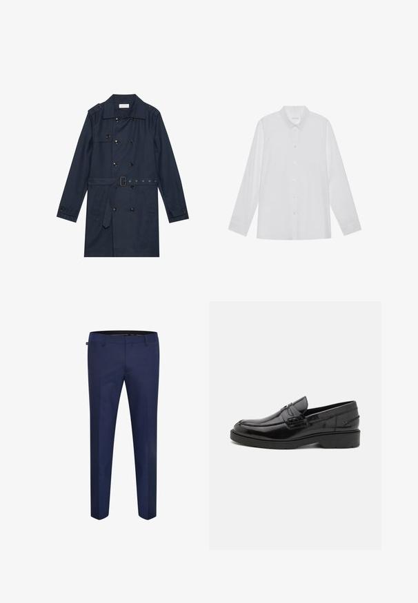 Manteau trench navy en tissu léger, présentant une fermeture à glissière double bouton, une taille ceinturée et deux poches latérales avec détail rabattu.; Chemise blanche à manches longues en tissu lisse, dotée d'un col pointu, d'une fermeture à boutons sur le devant et de poignets à un bouton.; Pantalons ajustés bleu marine en tissu lisse, avec une coupe slim et un devant plat sans poches visibles ni ornements.; Mocassins en cuir noir avec une finition lisse, un bout rond, un petit talon et descoutures décoratives à l'avant. Semelle en caoutchouc pour l'adhérence.