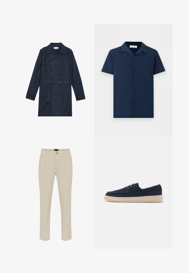 Manteau trench navy en tissu léger, présentant une fermeture à glissière double bouton, une taille ceinturée et deux poches latérales avec détail rabattu.; Chemise bleu marine à manches courtes avec col camp et cinq boutons sur le devant, présentée sur un fond blanc uni.; Pantalon beige ajusté avec une texture lisse, doté d'une fermeture à bouton, de plis à l'avant et de jambes fuselées.; Mocassins en daim bleu marine avec un bout arrondi et des lacets élastiques. Semelle en caoutchouc couleur crème avec une texture antidérapante, détails de couture autour des bords.