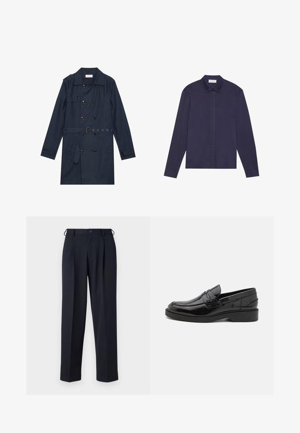 Marineblauwe trenchcoat van lichtgewicht stof, met dubbele knoopsluiting, ceintuur in de taille en twee zijzakken met flapdetail.; Marineblauwe longsleeve shirt van een gladde stof, met een knopenlijst aan de voorkant, een puntige kraag en een iets ontspannen pasvorm.; Donkerblauwe op maat gemaakte broek met knoop- en ritsluiting aan de voorkant, riemlussen en zijzakken, getoond op een witte achtergrond.; Zwarte leren instappers met een gladde afwerking, ronde neus, lage hak en decoratieve stiksels aan de voorkant. Rubberen buitenzool voor grip.