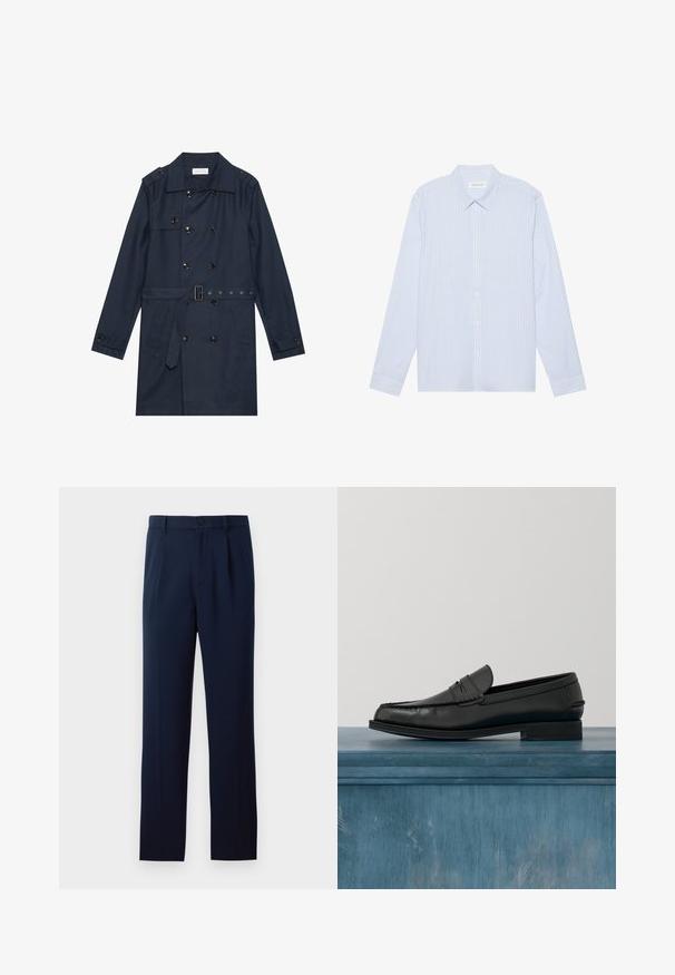 Marine trenchcoat i let stof, med dobbeltradet knaplukning, bæltestrop i livet og to sidelommer med klapdetalje.; Lyseblå stribet langærmet skjorte med knapper. Har en traditionel krave, hvide knapper og et glat bomuldsblandingsstof.; Mørkeblå bukser lavet af glat stof, med en enkelt knaplukning, læg og lige ben. Minimalistisk design uden bemærkelsesværdige mønstre.; Sorte læderloafers med et slankt design, der har syning ved tåen og en glat finish. Skoen har en lav hæl og minimal udsmykning.