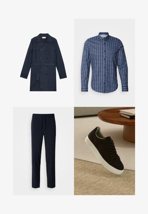 Marine trenchcoat i let stof, med dobbeltradet knaplukning, bæltestrop i livet og to sidelommer med klapdetalje.; Scotch & Soda SLIM FIT SHIRT - Skjorter - faded denim; Marineblå, letvægtsbukser med elastisk talje og justerbar snor, med lige pasform og glat tekstur.; Sort sneaker med hvid sål svævende over en beige tekstureret tæppe nær et rundt trætabel med stablede bøger.
