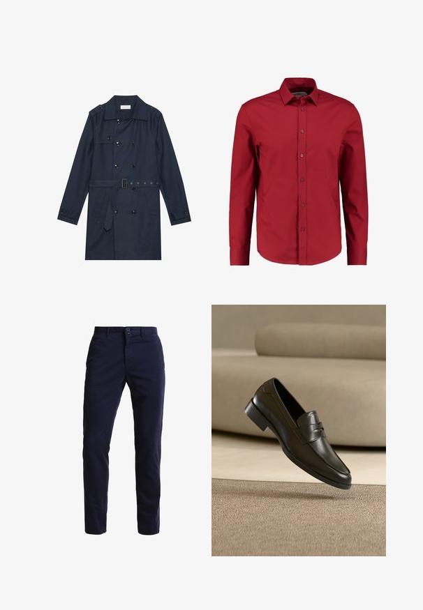 Marineblauer Trenchcoat aus leichtem Material, mit doppelter Knopfverschluss, tailliertem Gürtel und zwei seitlichen Taschen mit Klappendetail.; Rotes Langarm-Hemd mit Knopfleiste und Kragen, aus glattem Stoff gefertigt. Verfügt über eine fünfknöpfige Frontblende und Standardmanschetten. Keine Muster oder Akzente.; Marineblaue Chinohosen aus einem Baumwollmischgewebe, mit geradem Bein, Fronttaschen, einem Reißverschluss sowie einem einzelnen Knopfverschluss am Bund.; Schwarzer Leder-Slipper, der über einem beigen Teppich schwebt, mit einem beigen Sofa im Hintergrund, und zeigt das klassische Herren-Design zum Hineinschlüpfen.