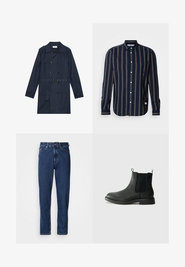 Marineblauwe trenchcoat van lichtgewicht stof, met dubbele knoopsluiting, ceintuur in de taille en twee zijzakken met flapdetail.; Donkerblauw overhemd met lange mouwen en knopen, voorzien van verticale strepen in rood, groen en crème. Heeft een zak en een standaardkraag. Gemaakt van katoenen stof.; Donkerblauwe spijkerbroek gemaakt van denim, met een rechte pijp, vijfzakkenontwerp en zichtbare stiksels langs de naden.; Zwarte leren chelsea boots met elastische zijpanelen, trekflappen, ronde neus en een gegoten rubberen zool. Gladde oppervlakte en stevige constructie.