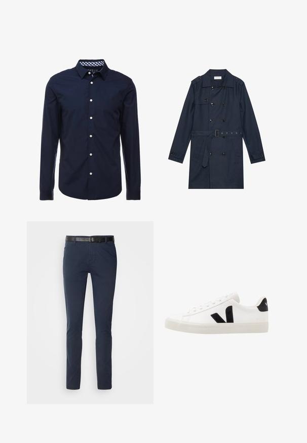 Manteau trench navy en tissu léger, présentant une fermeture à glissière double bouton, une taille ceinturée et deux poches latérales avec détail rabattu.; Chemise bleu marine à manches longues avec col boutonné, col intérieur à carreaux contrastés et boutons blancs sur le devant. Texture lisse.; Pantalons en coton bleu marine avec une coupe ajustée, dotés d'une ceinture en cuir noir texturé et de poches classiques. Design épuré, sans motifs.; Sneaker blanche en cuir avec des accents en daim noir ; dispose d'une semelle en caoutchouc, d'un bout rond et d'un design classique à lacets. Logo latéral en noir.