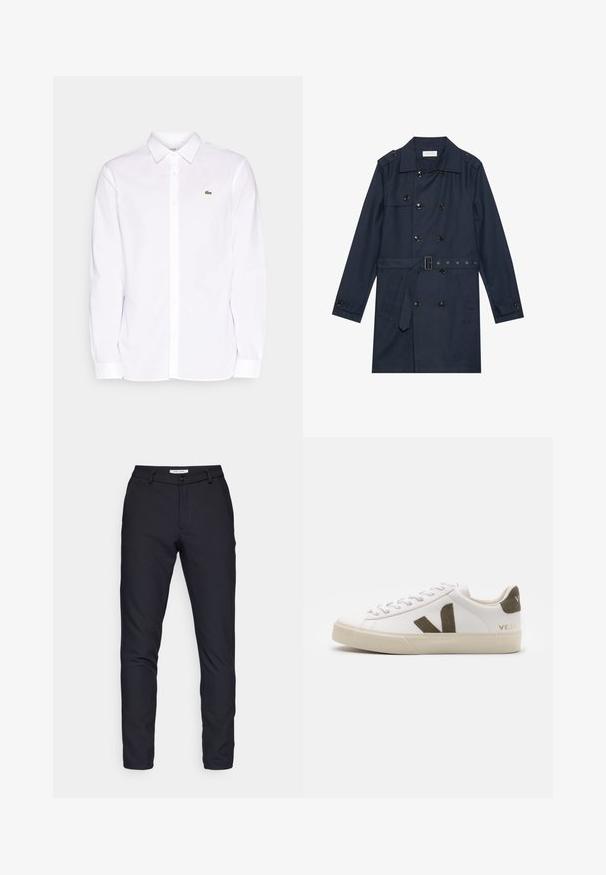 Marineblauwe trenchcoat van lichtgewicht stof, met dubbele knoopsluiting, ceintuur in de taille en twee zijzakken met flapdetail.; Witte lange mouwen shirt van katoen, met een button-down kraag, een groen geborduurd logo op de linkerkant van de borst en rechte mouwen.; Zwarte broek van solide stof, met een ritssluiting, knoopsluiting, ceintuurlussen en rechte pijpen zonder zichtbare patronen of texturen.; Witte leren sneakers met een lichtbeige rubberen zool. Voorzien van een bruine suède V-logo en hieltab. Gespsluiting met een gestructureerd oppervlak.