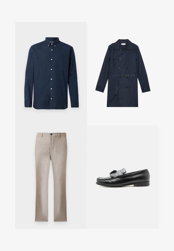 Marineblauwe trenchcoat van lichtgewicht stof, met dubbele knoopsluiting, ceintuur in de taille en twee zijzakken met flapdetail.; Navyblauwe langemma shirt van lichtgewicht stof met een button-down kraag, een voorzak en witte knopen. Soepele textuur.; Beige op maat gemaakte broeken van een gladde, lichte stof, met een ritssluiting en knoopsluiting. Voorzien van twee zijzakken en een slim recht gesneden ontwerp.; Zwarte leren loafer met een kwastdetail, lage hak en ronde neus, zijaanzicht op een effen lichte achtergrond.