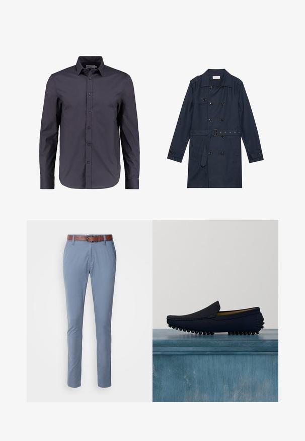 Manteau trench navy en tissu léger, présentant une fermeture à glissière double bouton, une taille ceinturée et deux poches latérales avec détail rabattu.; Chemise à manches longues bleu marine foncé en coton doux, dotée d'un devant boutonné, d'un col classique et d'une coupe ajustée.; Un pantalon bleu clair en tissu lisse, avec une ceinture en cuir marron, de coupe slim et des poches standards avec un ourlet simple.; Mocassin loafer bleu marine avec des grips en caoutchouc noir sur la semelle, intérieur beige, flottant au-dessus d'un sol gris clair avec des verres flous et des plantes en arrière-plan.