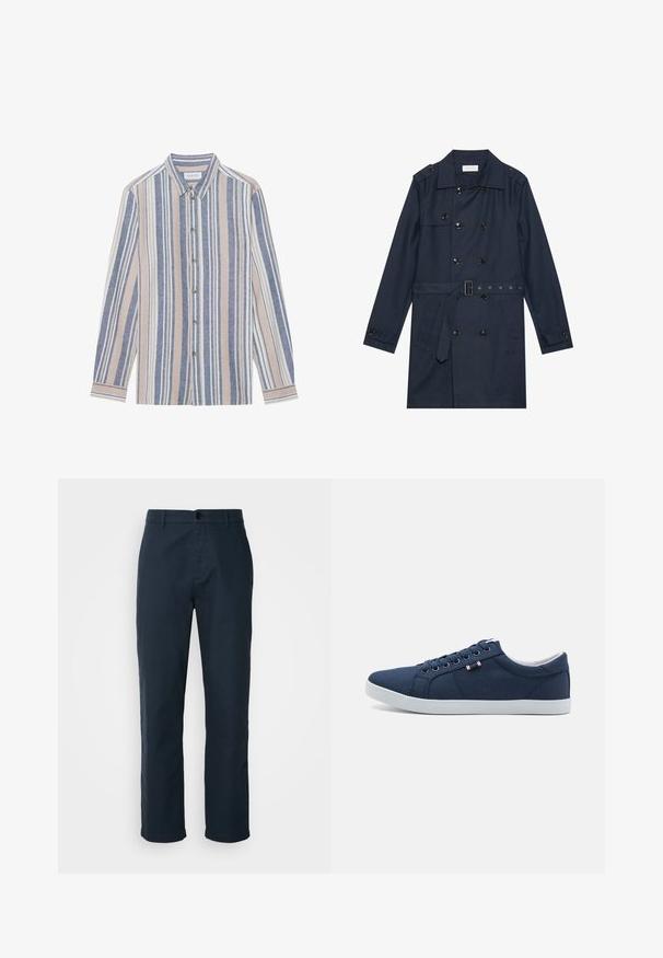 Manteau trench navy en tissu léger, présentant une fermeture à glissière double bouton, une taille ceinturée et deux poches latérales avec détail rabattu.; Chemise à manches longues avec un col, ornée de rayures verticales bleues, beiges et blanches. Fabriquée dans un tissu texturé, avec un col et des boutons en métal.; Chinos bleu marine en tissu de coton, avec une coupe droite, fermeture à bouton et poches latérales pour plus de praticité.; Baskets en toile bleu marine avec semelles en caoutchouc blanches, bout rond et six paires d'œillets pour les lacets. Étiquette de logo sur le côté.