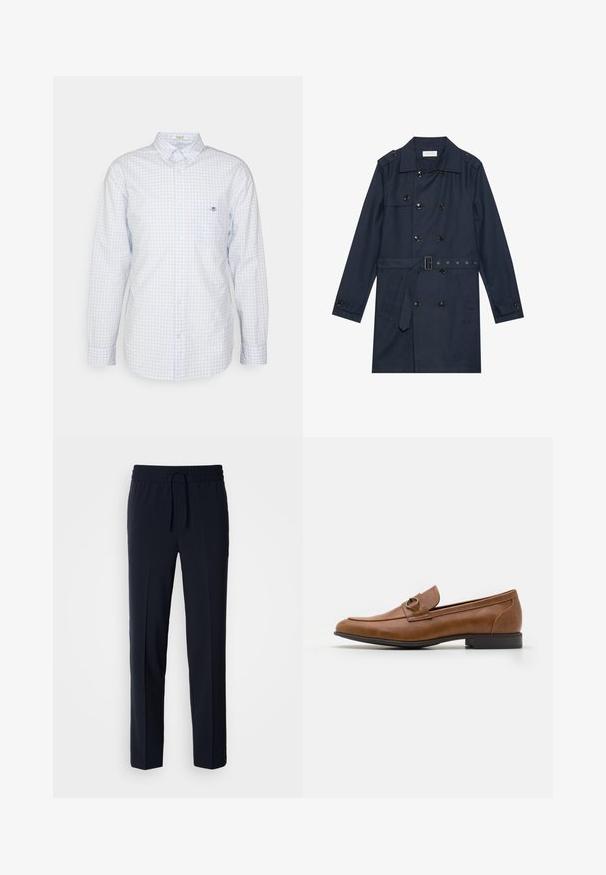 Marine trenchcoat i let stof, med dobbeltradet knaplukning, bæltestrop i livet og to sidelommer med klapdetalje.; Lyseblå gingham skjorte med knapper, lange ærmer, krave og lille logo på brystet. Fremstillet af bomuld og med en glat tekstur.; Marineblå, letvægtsbukser med elastisk talje og justerbar snor, med lige pasform og glat tekstur.; Brune læder slip-ons med flad hæl, prydet med en dekorativ metalaccent foran, med et strømlinet design og glat tekstur.