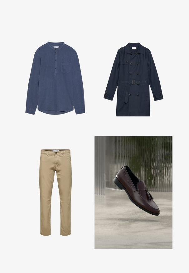 Marine trenchcoat i let stof, med dobbeltradet knaplukning, bæltestrop i livet og to sidelommer med klapdetalje.; Langærmet, mørkeblå skjorte lavet af blødt stof, med et mandarin-krave, knaplukning og en enkelt brystlomme.; Beige slim-fit bukser med knap- og lynlås, bæltestropper og forlommer, vist på en hvid baggrund.; Brune læder loafers med en glat tekstur, med dekorative kvaster og en forhøjet sømdetalje, sat mod en minimalistisk baggrund.