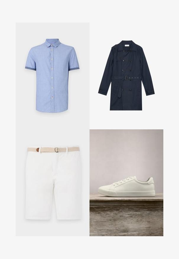 Manteau trench navy en tissu léger, présentant une fermeture à glissière double bouton, une taille ceinturée et deux poches latérales avec détail rabattu.; Chemise bleu clair à manches courtes avec un col boutonné, dotée de boutons marron clair et d'une finition contrastante bleu foncé sur les manches.; Shorts en coton blancs avec une ceinture tissée beige accentuée de marron. Les shorts ont un design épuré et une texture lisse.; Sneaker en dentelle blanche flottant au-dessus d'un banc en bois avec un feuillage vert en arrière-plan, mettant en valeur le design et la texture de la chaussure.