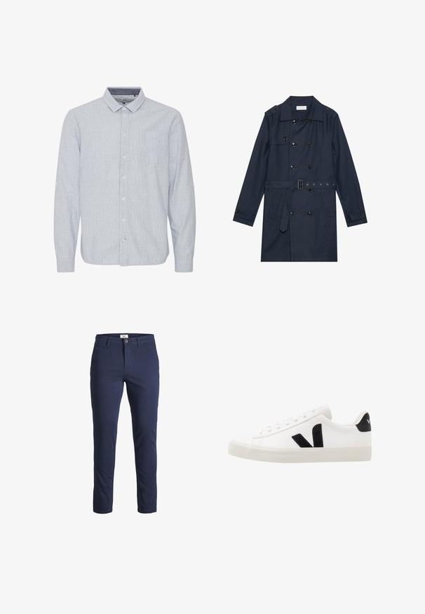 Manteau trench navy en tissu léger, présentant une fermeture à glissière double bouton, une taille ceinturée et deux poches latérales avec détail rabattu.; Chemise bleu clair à manches longues avec des rayures verticales blanches, col, poche poitrine simple et option de manches retroussées. Tissu en coton.; Pantalons en coton bleu marine à coupe slim, avec une fermeture à bouton, des passants de ceinture et deux poches avant. Texture lisse, détails minimaux.; Sneaker blanche en cuir avec des accents en daim noir ; dispose d'une semelle en caoutchouc, d'un bout rond et d'un design classique à lacets. Logo latéral en noir.