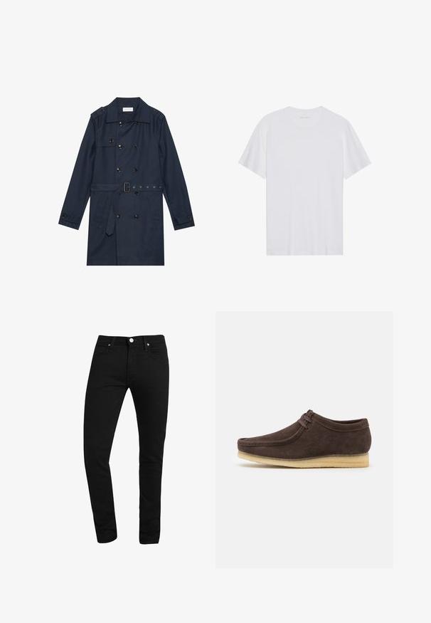 Marine trenchcoat i let stof, med dobbeltradet knaplukning, bæltestrop i livet og to sidelommer med klapdetalje.; Hvid bomulds T-shirt med korte ærmer, rund hals og en glat tekstur. Har minimal branding på halsudskæringen.; Sorte slim-fit jeans med forlommer, bæltestropper, knaplukning og synlig syning på hvid baggrund.; Brune ruskindsko med en glat overflade, rund tå og minimalistisk design. Har en lysgummisål og kontrastfarvet snøredetalje.