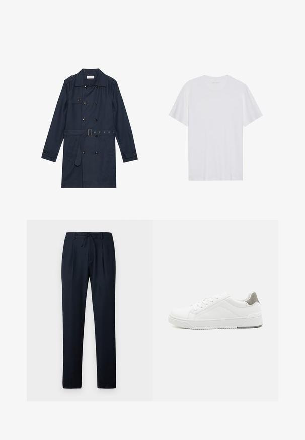 Manteau trench navy en tissu léger, présentant une fermeture à glissière double bouton, une taille ceinturée et deux poches latérales avec détail rabattu.; T-shirt en coton blanc à manches courtes, col rond et texture lisse. Présente un branding minimal au niveau du col.; Pantalon bleu marine en tissu léger, avec un motif texturé, une finition plissée à l'avant et une taille élastique munie d'un cordon de serrage.; Basket blanche en cuir lisse, à bout arrondi, design minimaliste, accent de talon gris et semelle en caoutchouc texturé.