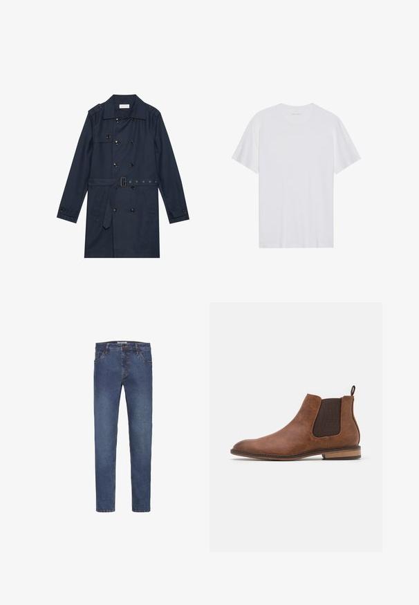Marineblauwe trenchcoat van lichtgewicht stof, met dubbele knoopsluiting, ceintuur in de taille en twee zijzakken met flapdetail.; Witte katoenen T-shirt met korte mouwen, een ronde hals en een gladde textuur. Heeft minimale branding op de halslijn.; Donkerblauwe denim jeans met een rechte pijp, voorzien van riemlussen, vijf zakken en een contrasterende stiksels langs de naden.; Bruine leren Chelsea-boot met elastische zijkanten, ronde neus en trekhaak. Heeft een gestructureerd afwerking en een lage houten hak.
