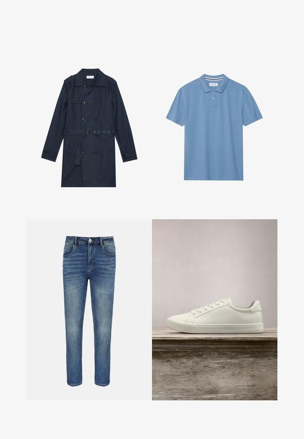 Marineblauwe trenchcoat van lichtgewicht stof, met dubbele knoopsluiting, ceintuur in de taille en twee zijzakken met flapdetail.; Lichtblauwe polo shirt van textiel met structuur, met een gekleed halslijn, een knoopsluiting met drie knopen en korte mouwen.; Blauwe straight-leg spijkerbroek met knoop- en ritssluiting aan de voorkant, riemlussen en voor- en achterzakken.; Witte vetersneaker die boven een houten bank zweeft met groene bladeren op de achtergrond, waarbij het ontwerp en de textuur van de schoen worden getoond.