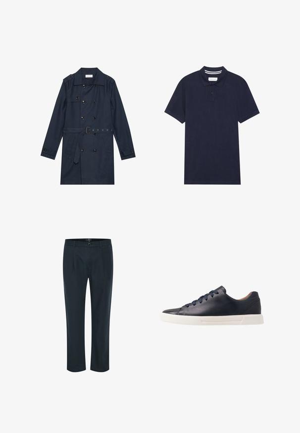 Marineblauwe trenchcoat van lichtgewicht stof, met dubbele knoopsluiting, ceintuur in de taille en twee zijzakken met flapdetail.; Marineblauwe polo shirt van gestructureerde stof, met een knoopsluiting met drie knopen, korte mouwen en een gestreepte kraag.; Marineblauwe broek met een rechte snit, knoopsluiting, voorplooien en twee zijzakken; gemaakt van een zachte, lichte stof.; Marineblauwe leren sneakers met een gladde afwerking, platte witte rubberen zool, ronde neus en zes marineblauwe veters die door ronde oogjes zijn geregen.