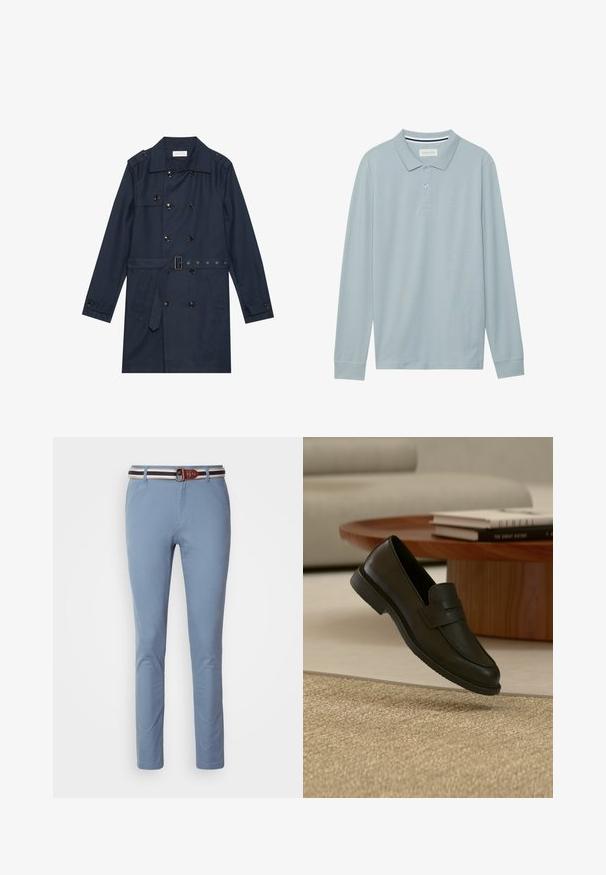 Marineblauer Trenchcoat aus leichtem Material, mit doppelter Knopfverschluss, tailliertem Gürtel und zwei seitlichen Taschen mit Klappendetail.; Langärmliges Poloshirt in Hellblau mit einem flachen Kragen, Knopfleiste mit drei Knöpfen und einem subtil strukturierten Stoff. Mit gestreiftem Innenkragen.; Hellblaue Hose im Slim Fit, ausgestattet mit einem braunen Ledergürtel mit weißen und navyblauen Streifenakzenten. Glatte Stofftextur, klassisches Design.; Schwarzer Lederloafer-Schuh schwebt über einem beige gewebten Teppich, mit einem Holztisch und gestapelten Büchern in einem sanft beleuchteten Wohnzimmer.