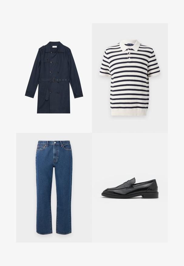 Marineblauer Trenchcoat aus leichtem Material, mit doppelter Knopfverschluss, tailliertem Gürtel und zwei seitlichen Taschen mit Klappendetail.; Gestreiftes Poloshirt mit abwechselnden marineblauen und cremefarbenen Streifen, kurzen Ärmeln, geribtem Kragen und einer Knopfleiste mit drei Knöpfen. Stricktextur.; Blaue gerade Jeans aus Denim mit einem Knopfverschluss, fünf Taschen und kontrastierenden orangen Nähte.; Schwarze Lederloafers mit glatter Oberfläche, runder Spitze und schmalem Riemen über dem Obermaterial. Niedriger, gestapelter Absatz.