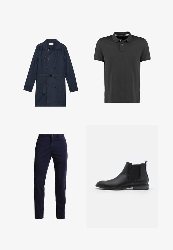 Marine trenchcoat i let stof, med dobbeltradet knaplukning, bæltestrop i livet og to sidelommer med klapdetalje.; Sort polo-shirt lavet af bomuld, med en klassisk krave, tre knapper og en subtil stribet detalje ved halsen. Korte ærmer.; Navyblå chinos lavet af en bomuldsblanding, med en lige ben-design, foran lommer, en lynlås lukning og en enkelt knap i taljen.; Sort læder Chelsea støvle med elastiske sidelapper, rund tå og trækflap, der har en lav blokhælt og glat overflade.