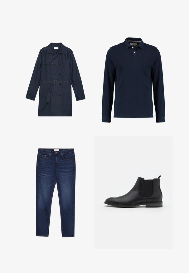 Marineblauwe trenchcoat van lichtgewicht stof, met dubbele knoopsluiting, ceintuur in de taille en twee zijzakken met flapdetail.; Marineblauw poloshirt met lange mouwen van katoen, met een klassieke kraag, een knoopsluiting met twee knopen en een zachte textuur.; Donkerblauwe slim-fit jeans met vijf zakken, knoopsluiting en contrasterende stiksels, gelabeld Pier One op de tailleband.; Zwarte leren Chelsea boot met elastische zijpanelen, ronde neus en treklus, met een lage blokhak en een gladde textuur.