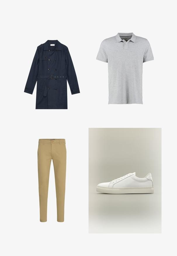 Manteau trench navy en tissu léger, présentant une fermeture à glissière double bouton, une taille ceinturée et deux poches latérales avec détail rabattu.; Polo gris à manches courtes, en tissu doux, avec un col à côtes subtil et une patte de boutonnage à deux boutons.; Chinos beige slim-fit avec fermeture par bouton et zip, poches avant inclinées et passants de ceinture, présentés sur fond blanc.; Baskets blanches basses à lacets sur l’avant et semelle épaisse, vues de côté sur un fond neutre.