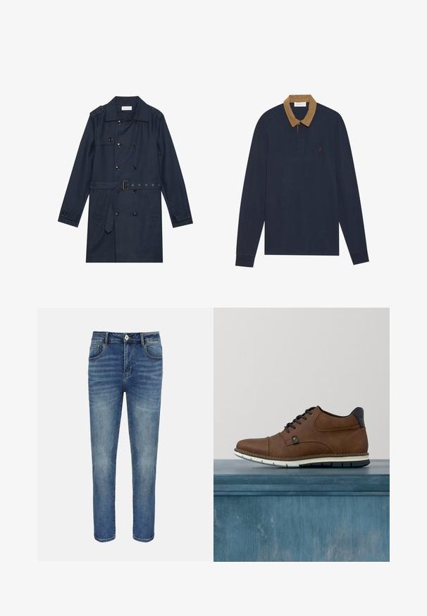 Marineblauer Trenchcoat aus leichtem Material, mit doppelter Knopfverschluss, tailliertem Gürtel und zwei seitlichen Taschen mit Klappendetail.; Marineblaues Langarm-Polohemd mit einem Kordhals in Beige. Hat ein kleines rotes Logo auf der Brust, mit geknöpftem Ausschnitt und gerippten Bündchen.; Blaue gerade geschnittene Jeans mit vorderer Knopfleiste und Reißverschluss, Gürtelschlaufen sowie Vorder- und Gesäßtaschen.; Braune Lederschuhe mit strukturiertem Obermaterial, navyblaue Schnürsenkel und weißer Gummisohle. Cap-Toe-Design mit braunem Akzent in der Nähe der Schnürsenkel.