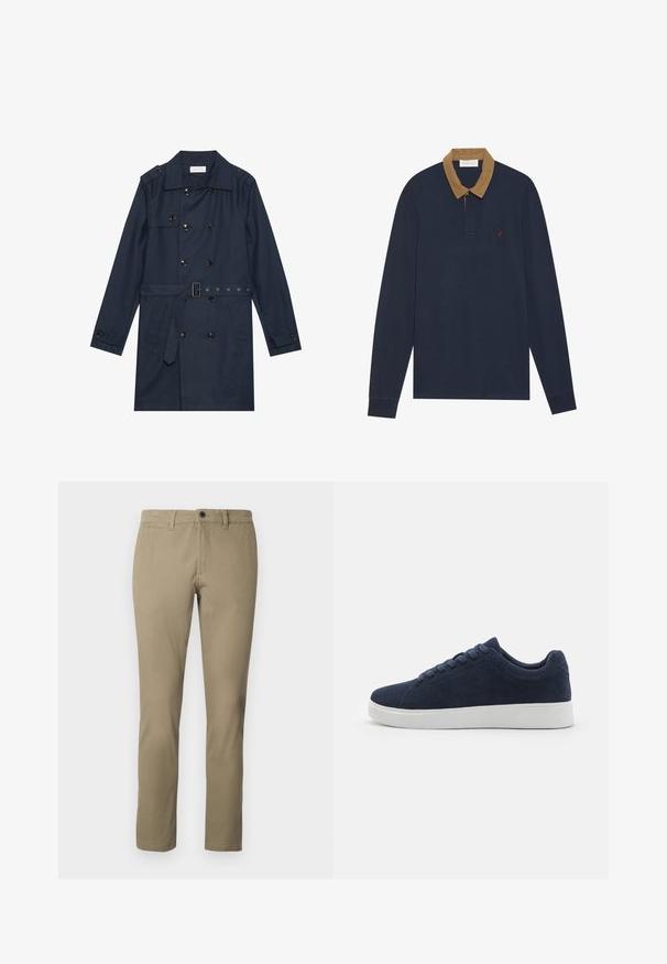 Manteau trench navy en tissu léger, présentant une fermeture à glissière double bouton, une taille ceinturée et deux poches latérales avec détail rabattu.; Polo-shirt à manches longues marine avec un col en velours côtelé beige. Présente un petit logo rouge sur la poitrine, avec une patte de boutonnage et des poignets côtelés.; Chinos kaki en mélange de coton, avec une coupe droite, une taille standard avec fermeture à bouton et des poches latérales.; Baskets en daim bleu marine avec un bout rond, semelle en caoutchouc blanc et six œillets pour lacets. Texture lisse et design minimal. Vue de côté présentée.