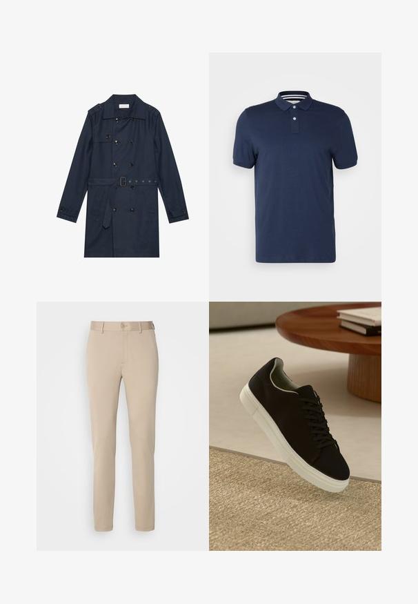 Marineblauer Trenchcoat aus leichtem Material, mit doppelter Knopfverschluss, tailliertem Gürtel und zwei seitlichen Taschen mit Klappendetail.; Navyblaues Poloshirt aus weicher Baumwolle, mit kragenförmigem Ausschnitt, zwei Knöpfen und kurzen Ärmeln. Gestreifte Innensaum-Detail.; Beige Hosen aus glattem Stoff, mit einem Knopfverschluss, geradem Schnitt und gestickten Saumdetails. Einfaches Design ohne Muster.; Schwarze Sneakers mit weißer Sohle, die über einem beige strukturierten Teppich schweben, in der Nähe eines runden Holztisches mit gestapelten Büchern.