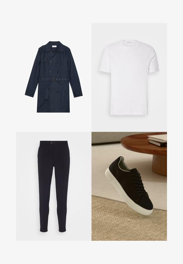 Manteau trench navy en tissu léger, présentant une fermeture à glissière double bouton, une taille ceinturée et deux poches latérales avec détail rabattu.; T-shirt en coton blanc avec un col rond et des manches courtes. Présente un logo de marque subtil à l'avant, une texture lisse et une coupe classique.; Pantalons ajustés bleu marine sur mesure, avec une coupe slim, dotés d'une fermeture à bouton, de poches latérales et d'un tissu lisse légèrement texturé.; Baskets noires avec semelle blanche flottant au-dessus d'un tapis texturé beige, près d'une table en bois ronde avec des livres empilés.