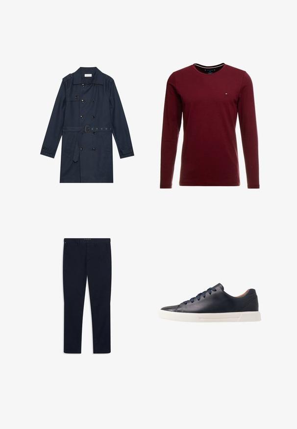 Námornícky trench kabát v ľahkej tkanine, s dvojitým gombíkovým zapínaním, opaskom v oblasti pása a dvoma bočnými vreckami s detailmi na klapke.; Tommy Hilfiger Top s dlhým rukávom - bordeaux; Námornícky modré bavlnené chinos s rovnými nohavicami, so zipsom, pútkom na opasok a prednými vreckami. Hladká textúra a klasický dizajn.; Námornícke kožené tenisky s hladkým povrchom, plochou bielou gumovou podrážkou, okrúhlou špičkou a šiestimi námorníckymi šnúrkami prevlečenými cez okrúhle očká.