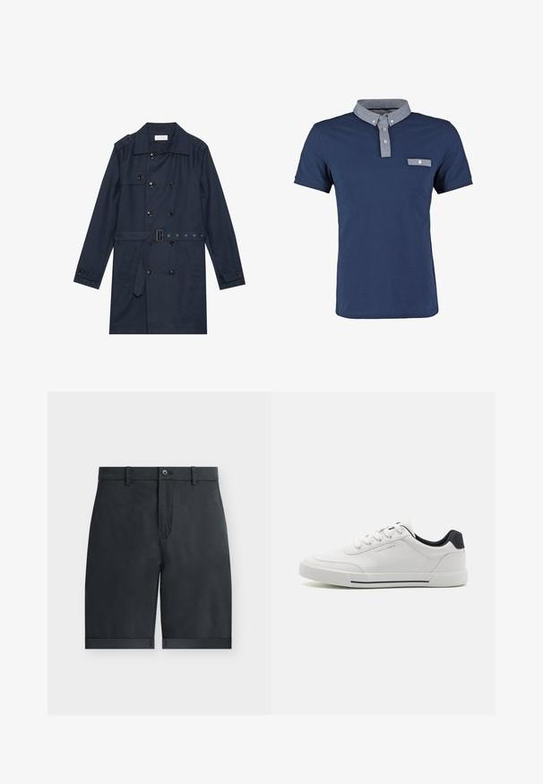 Abrigo trench de color azul marino en tejido ligero, con cierre de botones de doble pecho, cintura ceñida con cinturón y dos bolsillos laterales con detalle de solapa.; Polo shirt navy de algodón, con un cuello chambray en contraste, un pequeño bolsillo en el pecho y mangas cortas. Ajuste clásico y textura suave.; Pantalones cortos negros hasta la rodilla con dobladillos vuelta, cierre con botón, trabillas para cinturón y diseño frontal plano sobre un fondo blanco liso.; Zapatillas blancas con una parte superior sintética suave, puntera redonda, diseño de cordones, acento en azul marino en el talón y una suela de goma texturizada con una franja negra.