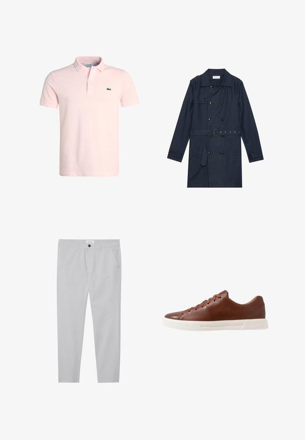 Abrigo trench de color azul marino en tejido ligero, con cierre de botones de doble pecho, cintura ceñida con cinturón y dos bolsillos laterales con detalle de solapa.; Camisa polo de algodón rosa claro con cuello clásico, dos botones y un pequeño logo de cocodrilo verde en el lado izquierdo del pecho. Manga corta.; Pantalones gris claro confeccionados en una tela suave, con corte slim, dos bolsillos frontales, cierre de botón y sutil detalle de textura.; Zapatilla de piel marrón con un acabado suave, que cuenta con cordones marrones, suela de goma blanca y sutiles detalles de costura.