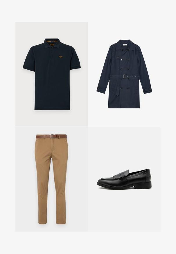 Marine trenchcoat i let stof, med dobbeltradet knaplukning, bæltestrop i livet og to sidelommer med klapdetalje.; Mørk navy kortærmet poloshirt med tre knapper, krave og lille orange PME Legend logo på venstre bryst.; Brune chinos med en struktureret overflade, der har skrå sidelommer, lukning med knap og lynlås samt et brunt læderbælte.; Sort læder herre loafers med kvast detalje, rundet tå, lav hæl og glat poleret finish, vist fra siden på hvid baggrund.