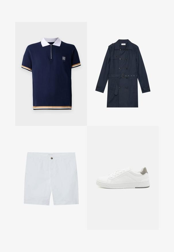 Marineblauwe trenchcoat van lichtgewicht stof, met dubbele knoopsluiting, ceintuur in de taille en twee zijzakken met flapdetail.; Marineblauw polo shirt met witte kraag, kwart-rits ontwerp en gestructureerde stof. Beschikt over gestreepte accenten in goud en wit op de mouwen.; Witte katoenen shorts met een frontsluiting met knoop, twee zijzakken en een rechte pasvorm. Merkenlabel "Pier One" op de tailleband.; Witte sneaker van glad leer met een ronde neus, minimalistisch ontwerp, grijze hielaccent en een geplaatste rubberen zool.