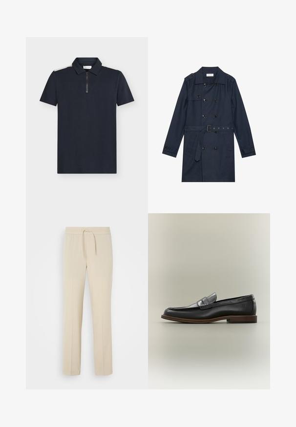 Marineblauwe trenchcoat van lichtgewicht stof, met dubbele knoopsluiting, ceintuur in de taille en twee zijzakken met flapdetail.; Marineblauw poloshirt met korte mouwen, textuurstof, ritssluiting bij de kraag en contrasterende witte accenten op de schouders.; Beige, elastische broek met een trekkoord in de taille. Heeft rechte pijpen en een zachte textuur, geschikt voor casual wear of loungen.; Zwarte leren penny loafer met bruine zool en lage hak, vanaf de zijkant weergegeven tegen een neutrale achtergrond.