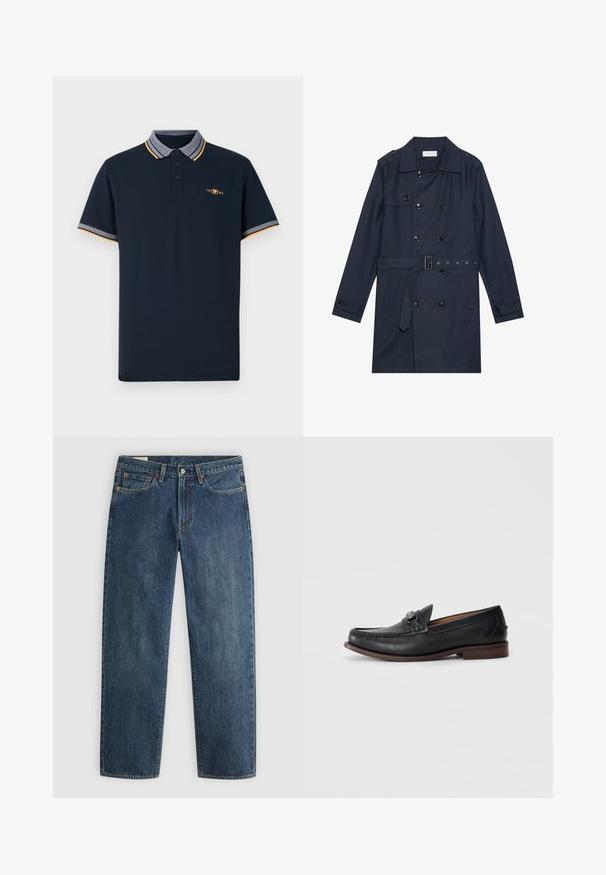 Marineblauwe trenchcoat van lichtgewicht stof, met dubbele knoopsluiting, ceintuur in de taille en twee zijzakken met flapdetail.; Navyblauw polo-shirt van katoen, met een kraag in grijs, oranje accenten en een drievoudige knoopsluiting. Geborduurd logo van 1962.; Donkerblauwe spijkerbroek met een rechte pasvorm, vijf zakken, zichtbare stiksels en een metalen knoopsluiting in de taille. Middelgewicht stof.; Zwarte leren instappers met een ronde neus, decoratieve hardware aan de voorkant en een contrasterende bruine zool. Gladde textuur en slip-on ontwerp.