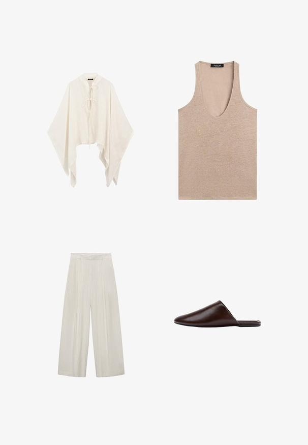 Hvid løstsiddende poncho med vide ærmer og to bindelukninger foran, lavet af letvægtstof.; Beige ærmeløs tanktop med dyb rund halsudskæring og en Massimo Dutti-mærkat på bagsiden af halsen.; Bredde bukser i lys beige med lodrette hvide striber. Har høj talje, plisseret front og glat tekstur.; Mørkebrune læder slip-on mule med lukket spids tå og flad sål, vist fra siden på hvid baggrund.