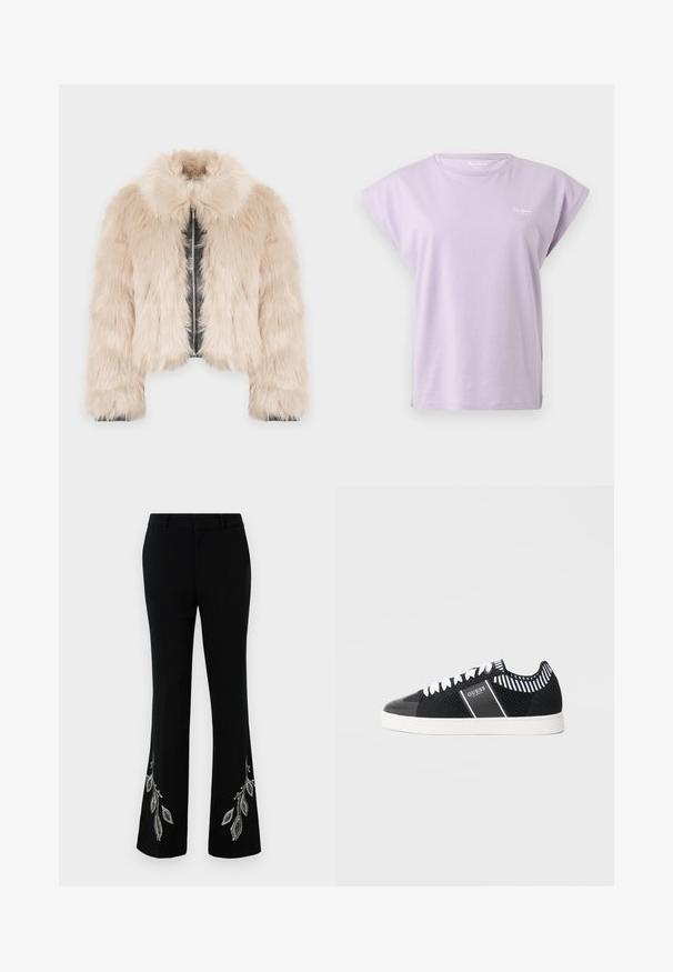 Faux fur cropped jakke i lys beige med inderside i faux læder, med krave og frontlynlås. Blød tekstur og voluminøs form.; Lavendelfarvet T-shirt med korte ærmer og rund halsudskæring, med opsmøgede ærmer og lille hvidt logo på venstre bryst mod ensfarvet baggrund.; Sorte vide bukser med broderede sølvbladsdesign ved kanten. Lavet af glat stof med en struktureret talje og slank pasform.; Sort-hvid lavtop sneaker med hvide snørebånd, mesh-stof, stribet kravedetalje og "GUESS Los Angeles" logo på sidepanelet.