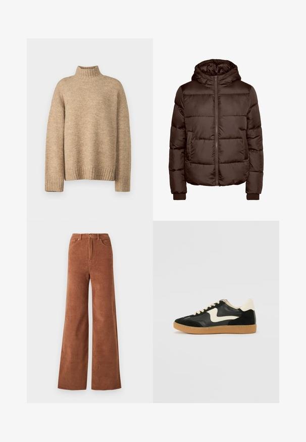 Brun polstret jakke med hætte, der har en frontlynlås, to sidelommer og ribbede manchetter. Glat, blank overflade med kviltet design.; Beige rullekravetrøje lavet af blødt, struktureret strikmateriale. Har ribbede manchetter og kant, samt en afslappet pasform. Klassisk og hyggeligt design.; Bredane corduroy bukser i en dyb brun farve, med lodrette ribber, frontlommer og knaplukning i taljen.; Sorte ruskinds- og lædersneakers med en cremefarvet side-swoosh og lys cremefarvet hæl. Har beige snørebånd og en gummirubber-sål.