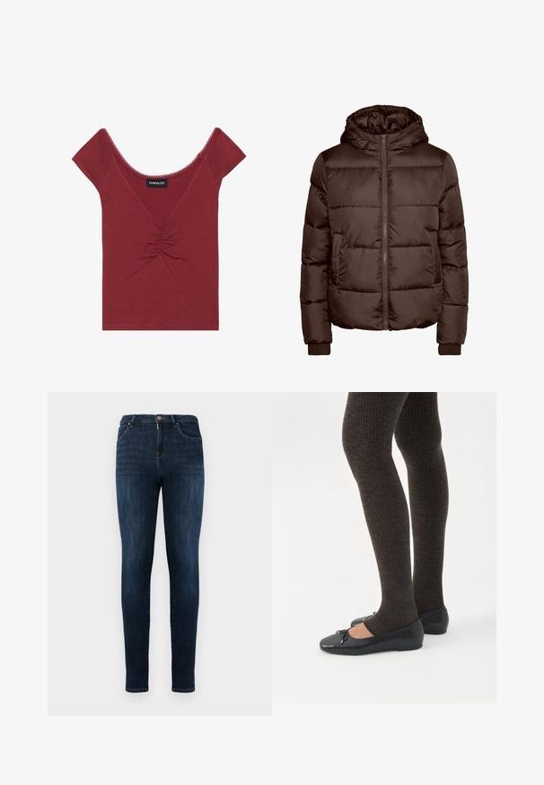 Veste matelassée marron avec capuche, dotée d'une fermeture éclair avant, de deux poches latérales et de poignets côtelés. Texture lisse et brillante avec un design matelassé.; Haut ajusté mauve à manches courtes, décolleté en forme deU, détail froncé au centre et finitions festonnées le long du décolleté et des manches.; Jean slim-fit bleu foncé avec fermeture éclair et bouton, poches avant et arrière, et un léger délavage sur les cuisses.; Jambes portant des leggings côtelés foncés associés à des ballerines noires avec de petits détails en nœud sur fond blanc.