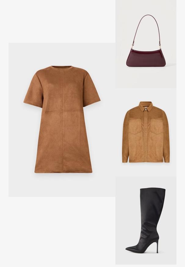 Chaqueta de ante sintético marrón con cuello puntiagudo, dos bolsillos en el pecho y cierre de botones a presión. Textura suave y corte relaxed.; Vestido corto de ante marrón con mangas cortas, escote de barco y detalles de costura vertical y horizontal en el frente.; Bota negra hasta la rodilla con tacón de aguja, hecha de material liso y elegante; punta puntiaguda; ajuste ceñido con un sutil fruncido cerca del tobillo; tacón brillante.; Bolso brillante de color burdeos oscuro con un asa fina y única y una forma elegante de trapecio sobre un fondo claro y liso.