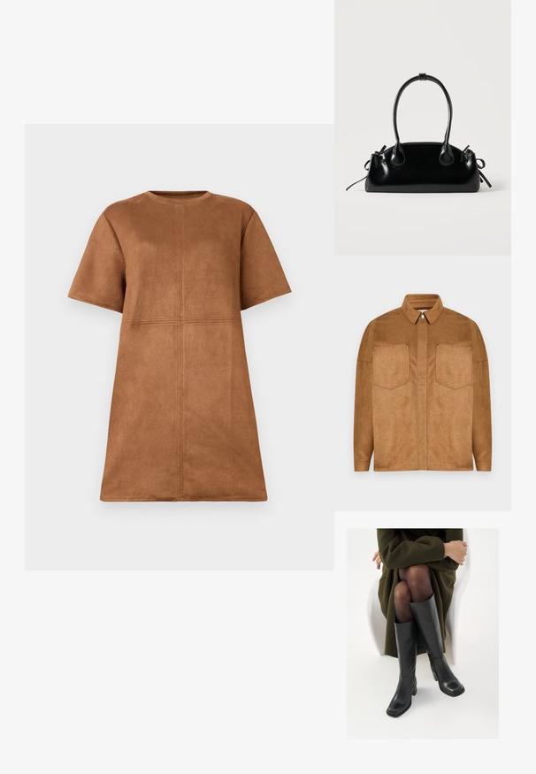 Braune Kunstwildlederjacke mit spitzem Kragen, zwei Brusttaschen und Druckknopfverschluss. Glatte Textur und lässige Passform.; Braunes Wildleder-Kleid mit kurzen Ärmeln und Rundhalsausschnitt, mit vertikalen und horizontalen Nahtdetails auf der Vorderseite.; Knöchelhöhe schwarze Lederstiefel mit quadrater Spitze und Blockabsatz, gezeigt mit einem Modell, das einen olivgrünen Mantel trägt. Glatte Textur, minimale Details.; Kleine schwarze glänzende Handtasche mit zwei langen Griffen und seitlichen Kordelzug-Details vor einfachem hellem Hintergrund.