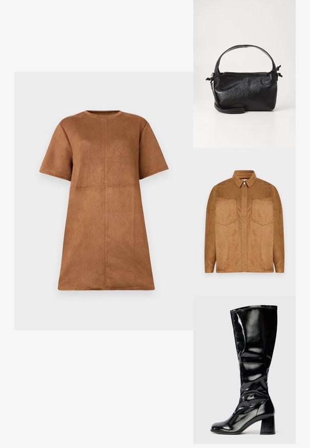 Brun faux suede jakke med spidse krave, to brystlommer og trykknaplukning. Glat tekstur og afslappet pasform.; Brun ruskind kortærmet kjole med rund hals og lodrette og vandrette sømdetaljer på forsiden.; Sorte blanke knæhøje støvler med blokhæl og rundt tå, glat skinnende overflade, let struktureret detalje på hælen og overdelen.; Sort læderhåndtaske med et struktureret design, rund tophåndtag og aftagelig skulderrem. Den har en glat tekstur og en subtil glans.