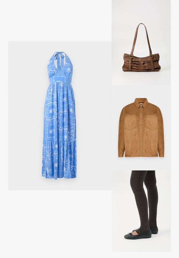 Chaqueta de ante sintético marrón con cuello puntiagudo, dos bolsillos en el pecho y cierre de botones a presión. Textura suave y corte relaxed.; Vestido maxi azul con cuello halter, que presenta patrones florales y de paisley, falda con volantes y un corte holgado. Tela suave con una textura ligera.; Piernas con leggings oscuros acanalados combinados con bailarinas negras que presentan pequeños detalles de lazo sobre un fondo blanco.; Even&Odd Bolso de mano - brown