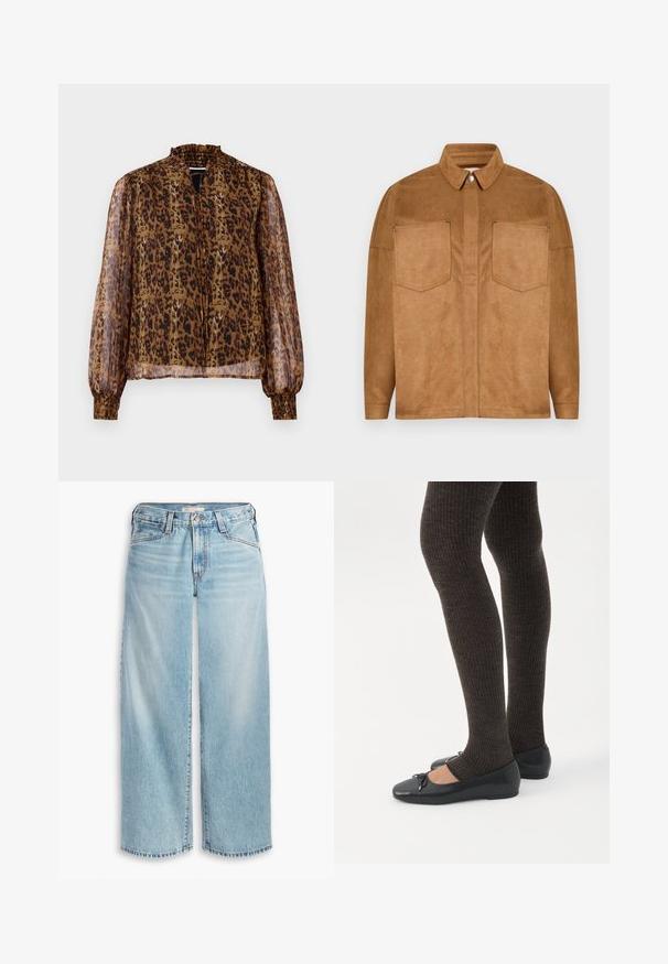 Veste en faux daim marron avec un col pointu, deux poches poitrine et fermeture à bouton-pression. Texture lisse et coupe décontractée.; Blouse transparente marron avec imprimé léopard, col haut froncé et longues manches bouffantes. Dispose de poignets élastiqués et d'un décolleté en forme de clé à l'avant.; Jean large bleu clair en denim, avec une taille haute, une fermeture à boutons et un ourlet effilé. Coutures visibles et poches.; Jambes portant des leggings côtelés foncés associés à des ballerines noires avec de petits détails en nœud sur fond blanc.